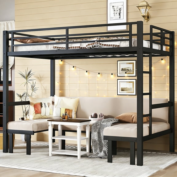Bellemave Full Over Full Futon Bunk Bed, Lower Bunk Can be Pulled Out in Three Sections, Metal Bunk Bed Frame with Ladder, Full Loft Bed with Sofa for Teens, Adults, Black