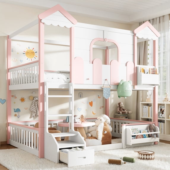 Bellemave Full Over Full House Bunk Bed with Storage, Wood Detachable Design Floor Bunk Bed Frame with Bookshelf, Drawer, Roof and Windows for Teens Kids Boys Girls, Playhouse Design(Pink)