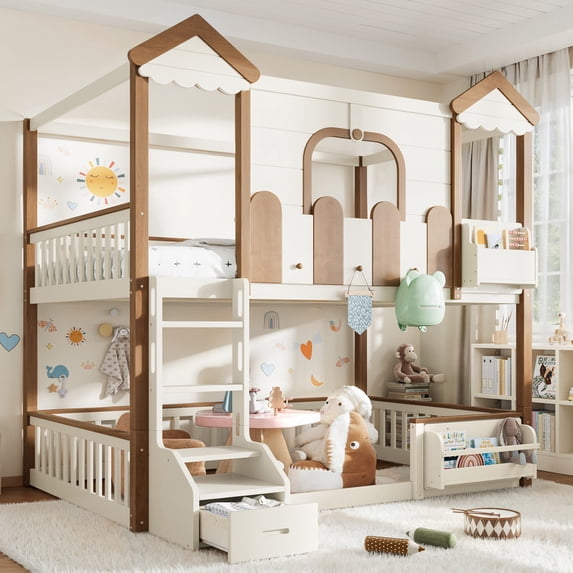 Bellemave Full Over Full House Bunk Bed with Storage, Wood Detachable Design Floor Bunk Bed Frame with Bookshelf, Drawer, Roof and Windows for Teens Kids Boys Girls, Playhouse Design(Beige)