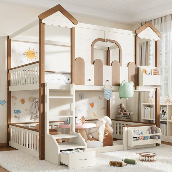 Bellemave Full Over Full House Bunk Bed with Storage, Wood Detachable Design Floor Bunk Bed Frame with Bookshelf, Drawer, Roof and Windows for Teens Kids Boys Girls, Playhouse Design(Beige)