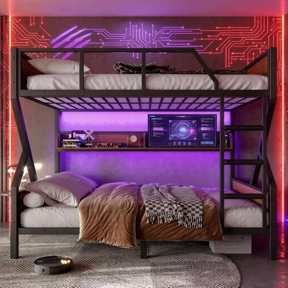 Bellemave Full Over Full Metal Bunk Bed with Built-in Storage Shelves, LED Lights, Ladder & Full-Length Guardrails, Heavy Duty Metal Slats Space Saving Bunkbed Frame for Bedroom, Black