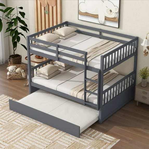 Bellemave Full Over Full Solid Rubber Wood Bunk Bed with Trundle and Ladder Convertible into 2 Full Size Beds with Headboard and Footboard 2 Full Bunk Bed with Twin Trundle, Dark Gray