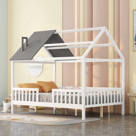 Bellemave Full House Bed , Full Size Wood Bed Frame with Roof and Fence, Montessori Beds Frame No Box Spring Needed (White+Gray)