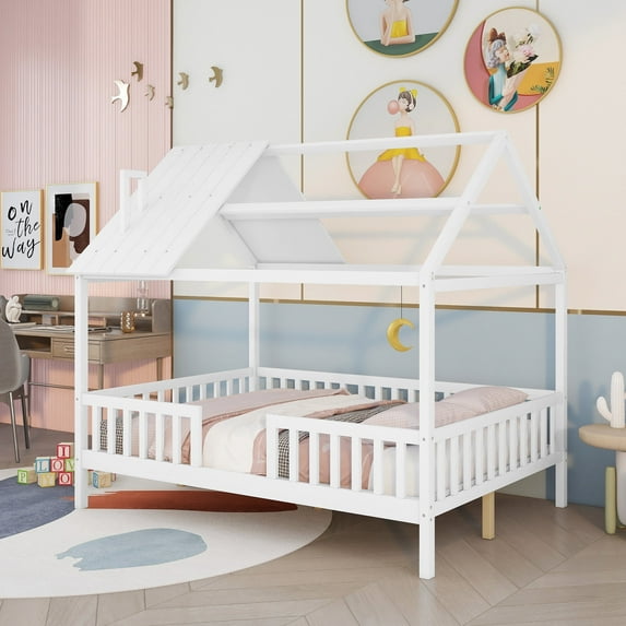 Bellemave Full House Bed, Full Size Wood Bed Frame with Roof and Fence, Montessori Beds Frame with Slats, No Box Spring Needed (White)