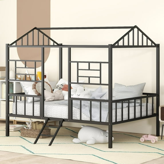 Bellemave Full House Bed with Rails, Metal Cabin Bed Frame with Ladder, Playhouse Bed for Teens (Full Size, Black)