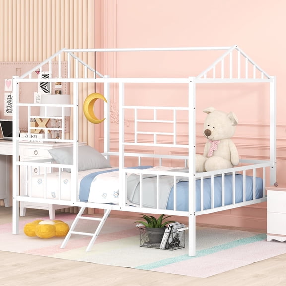 Bellemave Full House Bed with Rails, Metal Cabin Bed Frame with Ladder, Playhouse Bed for Teens (Full Size, White)