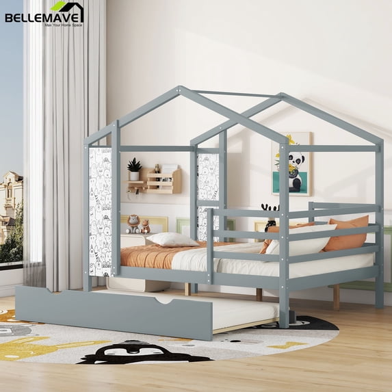 Bellemave Full House Beds with Trundle,Wood Montessori Bed Playhouse Cabin Bed Frame with Roof and Writing Board for Girls Boys Children Teens Juniors, Gray