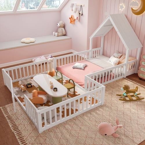 Bellemave Full House Floor Bed with Door, Montessori Floor Bed with Fence, Multi-function Use House Shaped Floor Bed, White