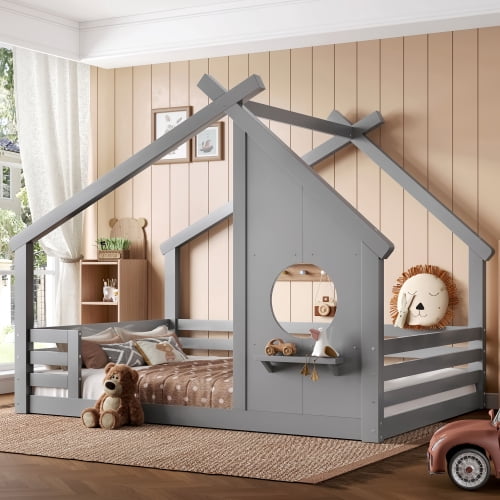 Bellemave Full House Floor Bed with Window and Shelf, Solid Wood Montessori Bed with Roof, Low to Ground House Bed with High Fence for Bedroom, Grey