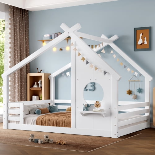 Bellemave Full House Floor Bed with Window and Shelf, Solid Wood Montessori Bed with Roof, Low to Ground House Bed with High Fence for Bedroom, White
