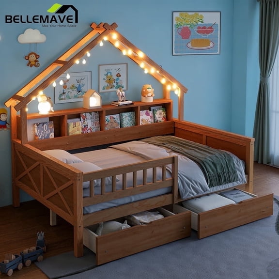 Bellemave Full House Platform Bed with Storage Drawers & Shelves, Wooden House Daybed with LED Lights, Headboard & Footboard, Safety Guardrails, Natural