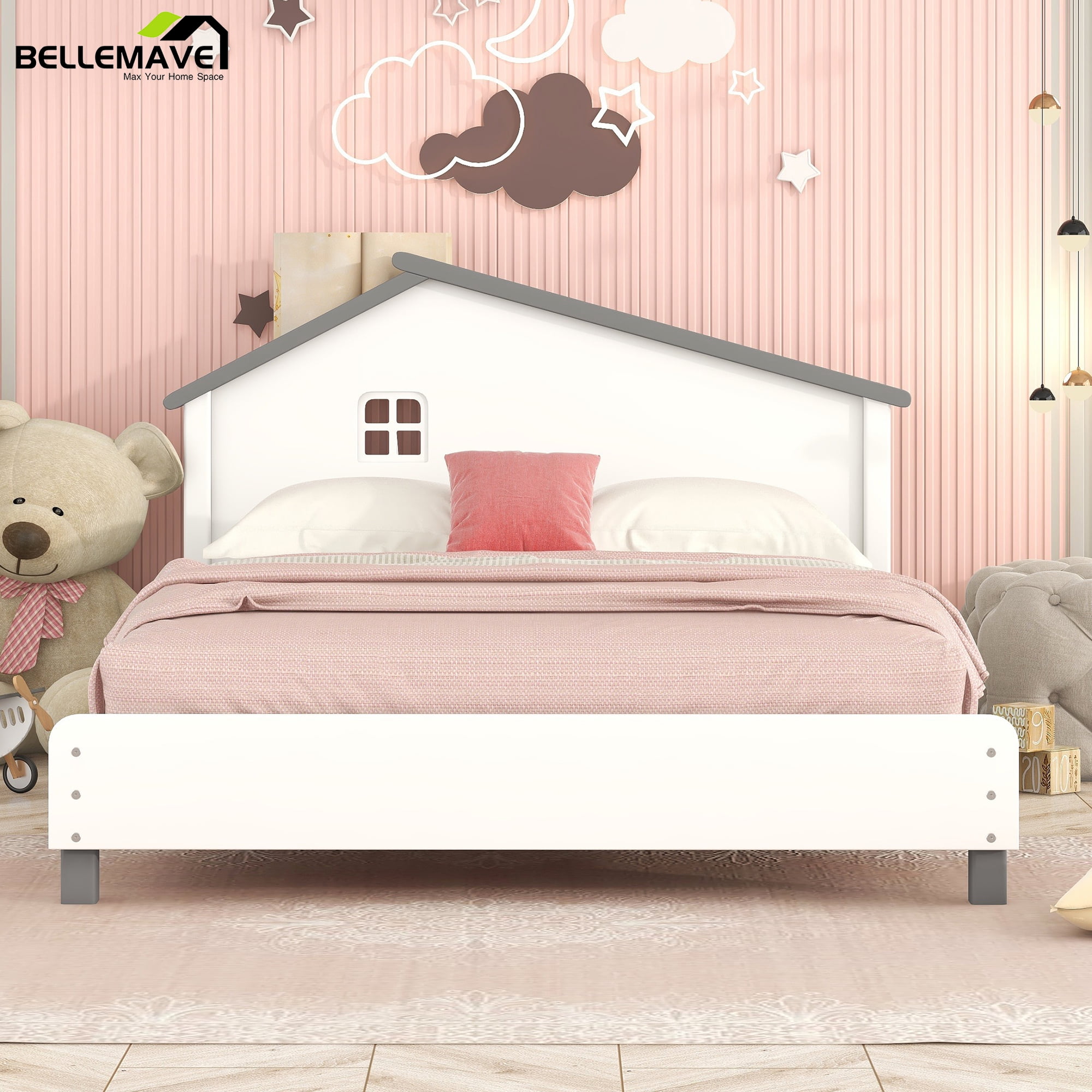 Bellemave Kids Full Bed with HouseShaped Headboard, Storage Shelf
