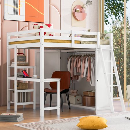 Bellemave Full Loft Bed with Built-in Desk and Wardrobe Space Saving Full Wooden Loft Bed with Storage Shelves for Kids, Teens, Junior Loft Bed Frame with Guardrail and Ladder, Gray