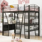 Bellemave Full Loft Bed with Desk and Storage Shelves, Modern Metal Loft Bed Frame with Sockets USB Ports and Wireless Charging, High Loft Beds Noise Free (Black)