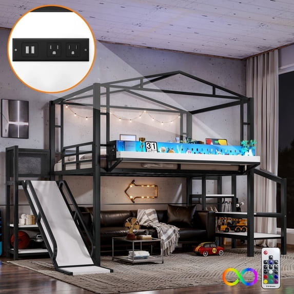 Bellemave Full Loft Bed with Storage Stairs & Slide, Heavy-Duty Metal Frame with Built-in Wardrobe, Storage Shelves, LED Lights, USB Charging Ports for Teens, Black