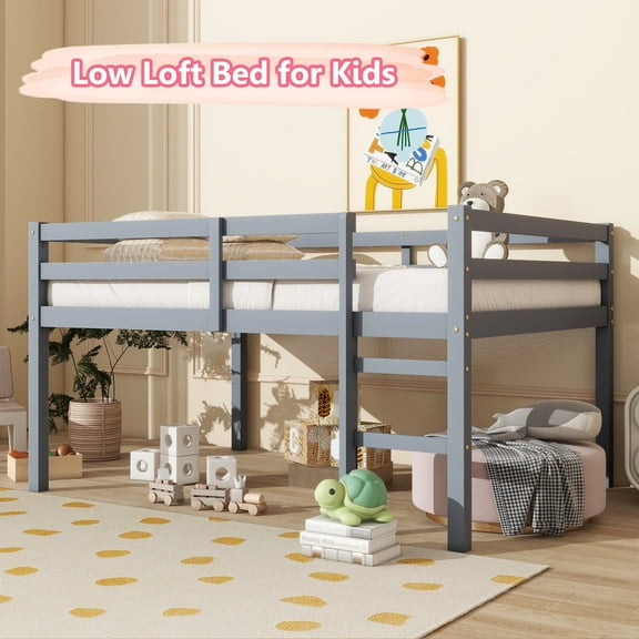Bellemave Full Low Loft Bed with Ladder and Guardrails Space Saving Full Rubber Wood Loft Bed Frame for Junior Loft Bed Frame with Strengthened Slats (Full, Gray)