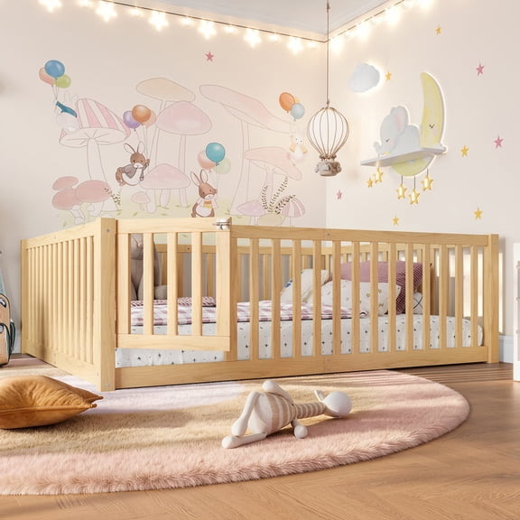 Bellemave Full Montessori Bed Frame, Wood Full Size Floor Bed with High Fence Rails, Full Beds Frame for Bedroom Playroom(Natural)