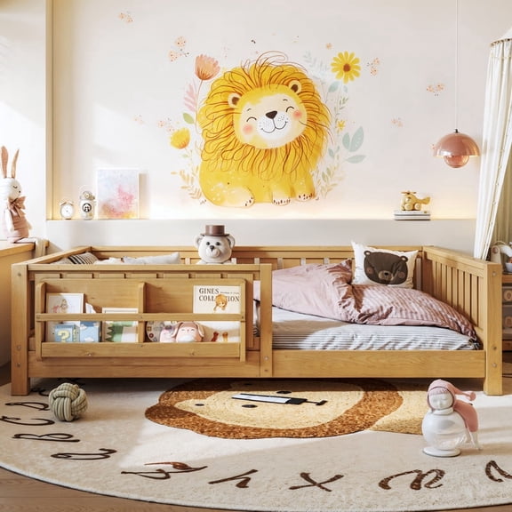 Bellemave Full Montessori Floor Bed with Built-in Bookshelf, Full Floor Bed with Full Safety Guardrails, Low-to-Floor Bed Frame with Slats, No Box Spring Needed, Easy Assembly, Light Natural