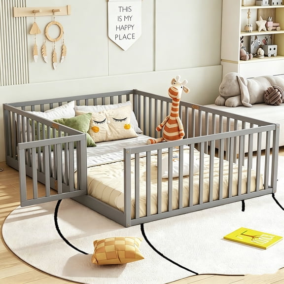 Bellemave Full Montessori Floor Bed with High Rails & Door and Slats, Wooden Easy Assemble Full Size Beds Frame with Guardrails, No Box Spring Needed,Gray