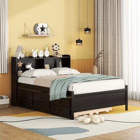 Bellemave Full Multifunctional Platform Bed with Bookkcase,Pull-Out Trundle and 3 Storage Drawers,No Box Spring Needed(Espresso)