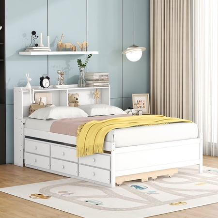 Bellemave Full Multifunctional Platform Bed with Bookkcase,Pull-Out Trundle and 3 Storage Drawers,No Box Spring Needed(White)