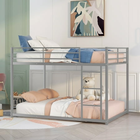 Bellemave Full Over Full Bunk Bed, Metal Low Bunk Beds Frame Built in Ladder, Floor Bunk Bed with Heavy Duty Slats Support, No Box Spring Required (Silver)
