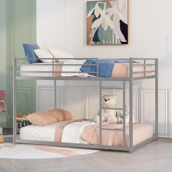 Bellemave Full Over Full Bunk Bed, Metal Low Bunk Beds Frame Built in Ladder, Floor Bunk Bed with Heavy Duty Slats Support, No Box Spring Required (Silver)