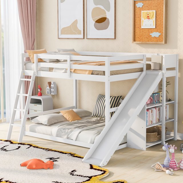 Bellemave Full Over Full Bunk Bed with Slide and Bookshelves, Solid