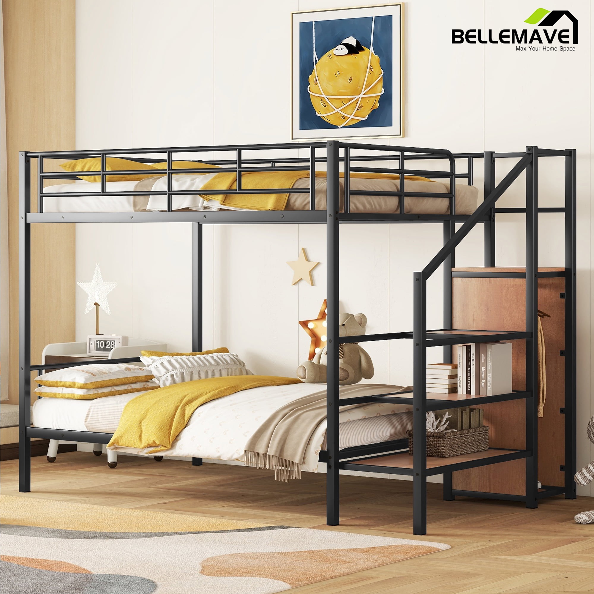 Bellemave Full Over Full Bunk Bed With Storage Staircase and Wardrobe