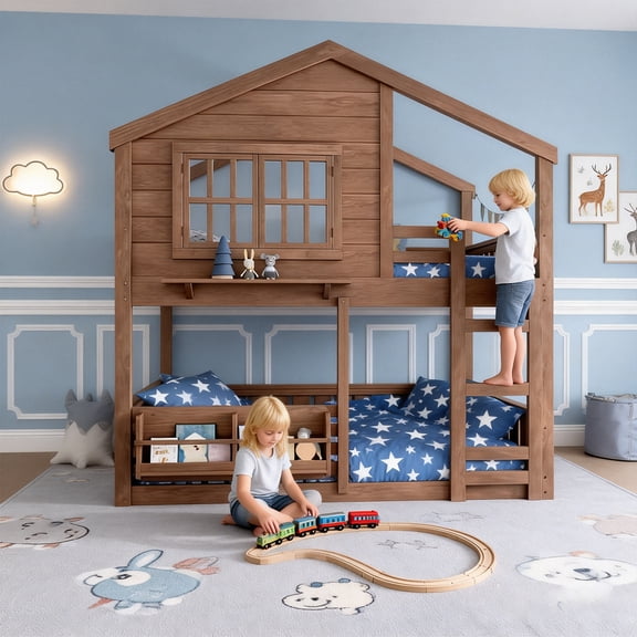 Bellemave Full Over Full Bunk Bed House Bunk Bed with Roof & Window, Low Loft Bunk Bed with Guardrails Shelf Bookcase for Teens, Natural