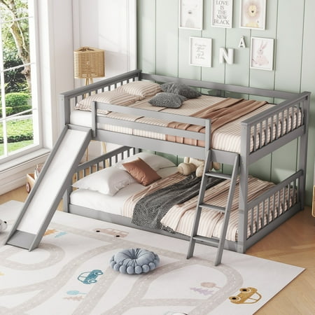 Bellemave Full Over Full Bunk Bed with Slide and Ladder Wood Floor Bunk Bed with Headboard Full Size Low Bunk Bed Frame No Box Spring Needed, Gray