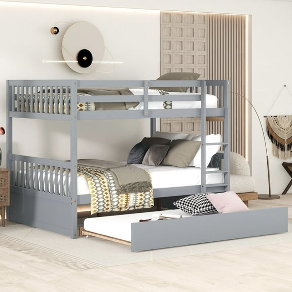 Bellemave Full Over Full Bunk Bed with Trundle,Wooden Trundle Bed Frame with Ladder,Convertible to 2 Platform Beds for Teens Adults(Gray)