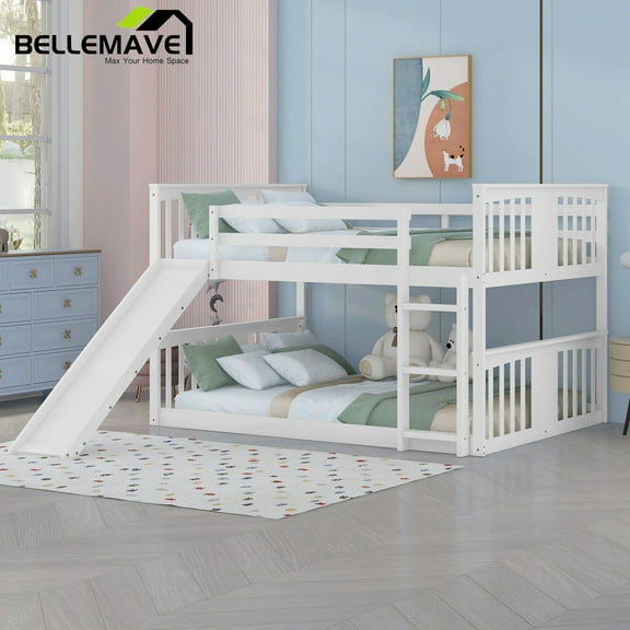 Bellemave Full Over Full Floor Bunk Bed with Slide Wooden Low Bunk Bed Frame with Ladder  Full Bunk Bed with with Headboard and Guardrail, White