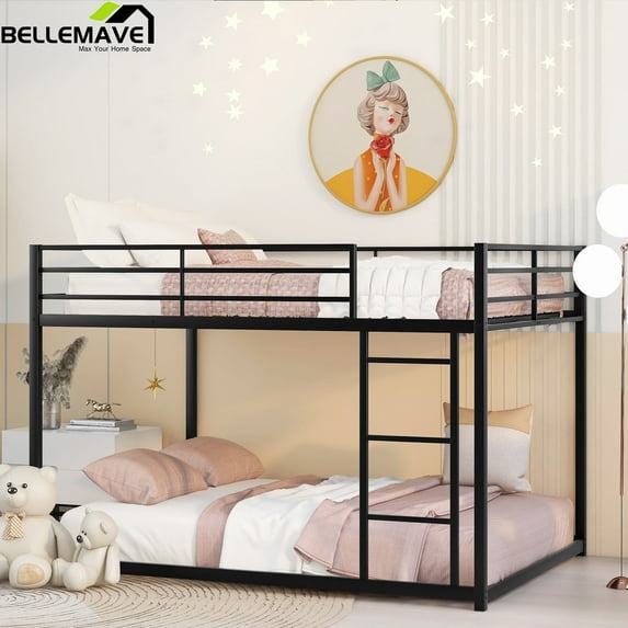 Bellemave Full Over Full Metal Bunk Bed,Low Bunk Beds with Ladder,Sturdy Floor Bed Frame with Safety Rails for Teens,Adults,Black