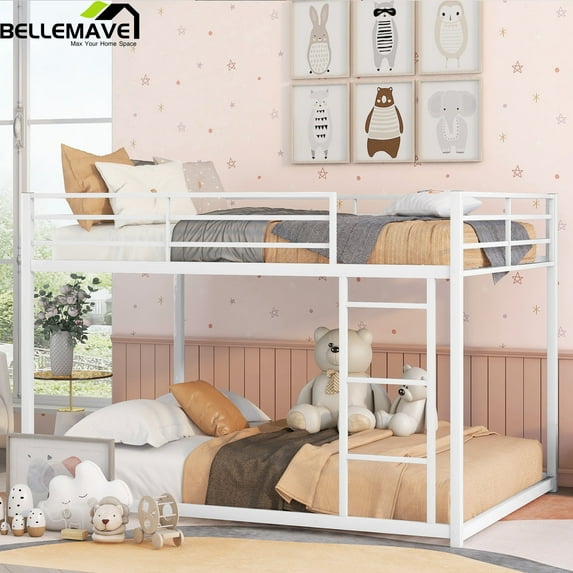 Bellemave Full Over Full Metal Bunk Bed,Low Bunk Beds with Ladder,Sturdy Floor Bed Frame with Safety Rails for Teens,Adults,White