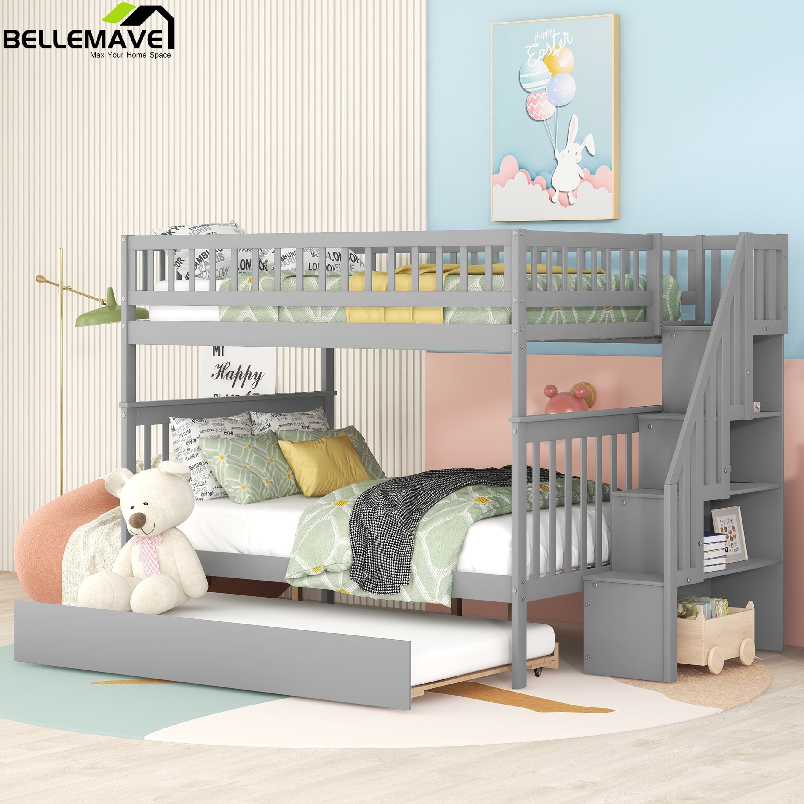 Bellemave Full Over Full Stairway Bunk Beds with Trundle,Solid Wood
