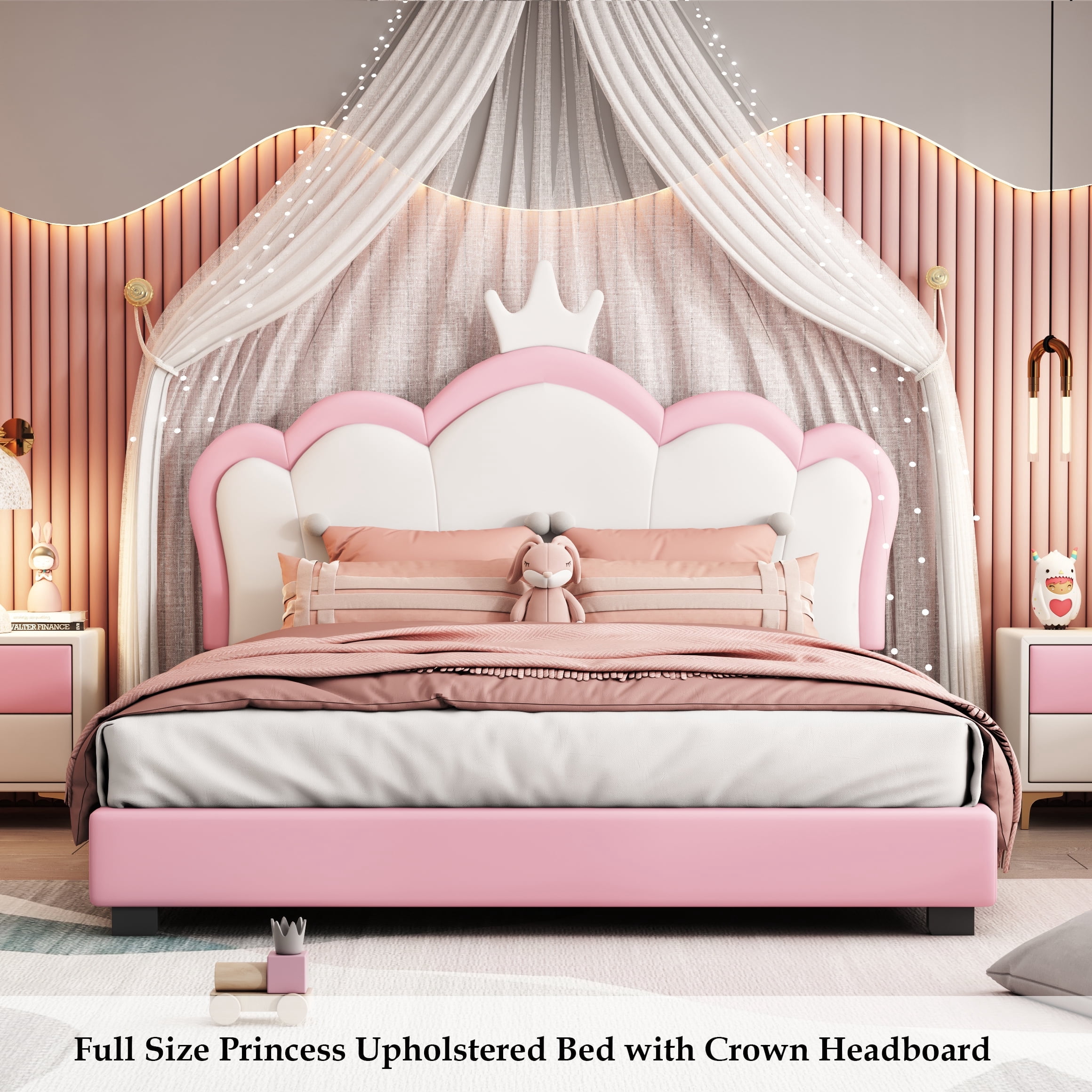 Bellemave Full PU Leather Upholstered Platform Bed with Crown Style Headboard Elegant Princess Bed Full Wood Bed Frame Low  Upholstered Bed, Pink + White