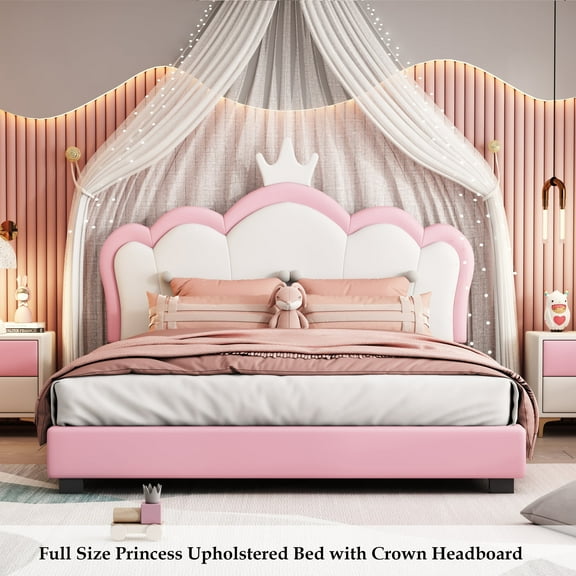 Bellemave Full PU Leather Upholstered Platform Bed with Crown Style Headboard Elegant Princess Bed Full Wood Bed Frame Low  Upholstered Bed, Pink + White