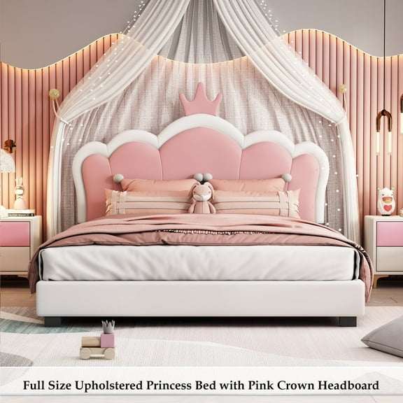 Bellemave Full PU Leather Upholstered Platform Bed with Pink Crown Style Headboard Elegant Princess Bed Full Wood Bed Frame Low Upholstered Bed (Full, Pink Crown)