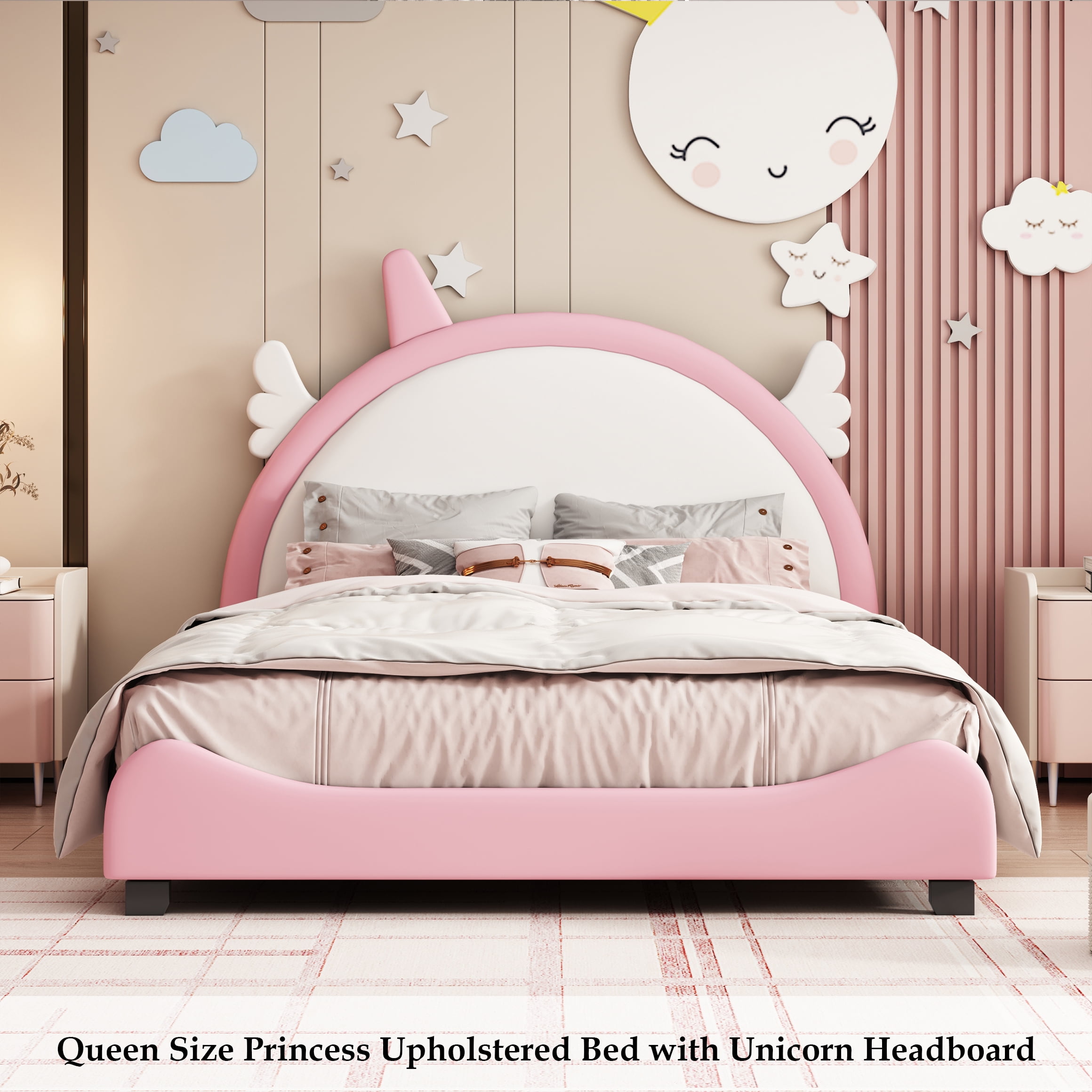 Costway Kids Wooden Upholstered Platform Bed - Girl
