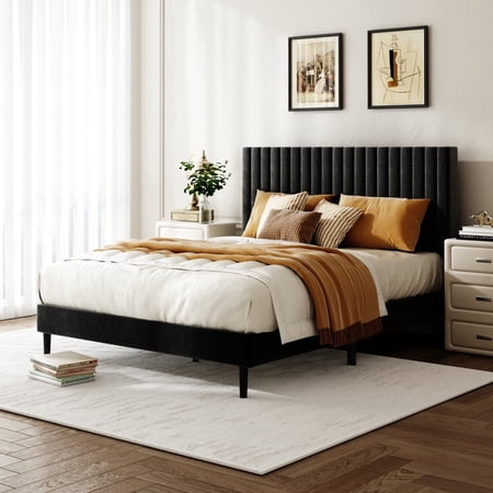 Bellemave Full Size Bed Frame, Velvet Upholstered Platform Bed with Height-Adjustable Headboard, No Box Spring Required, Black