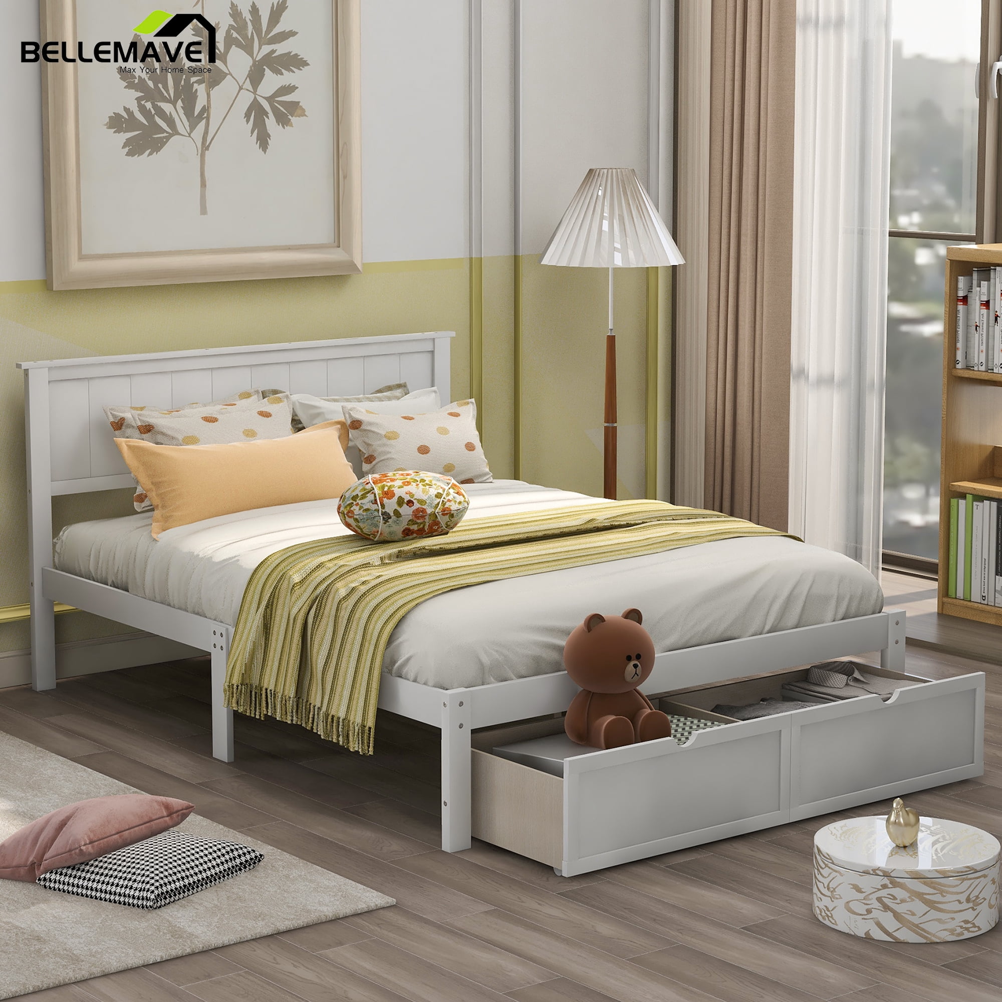 Bellemave Full Size Bed Frame with Storage Drawers, Full Wood Platform Bed with Headboard for Kids, Teens & Adults (White)