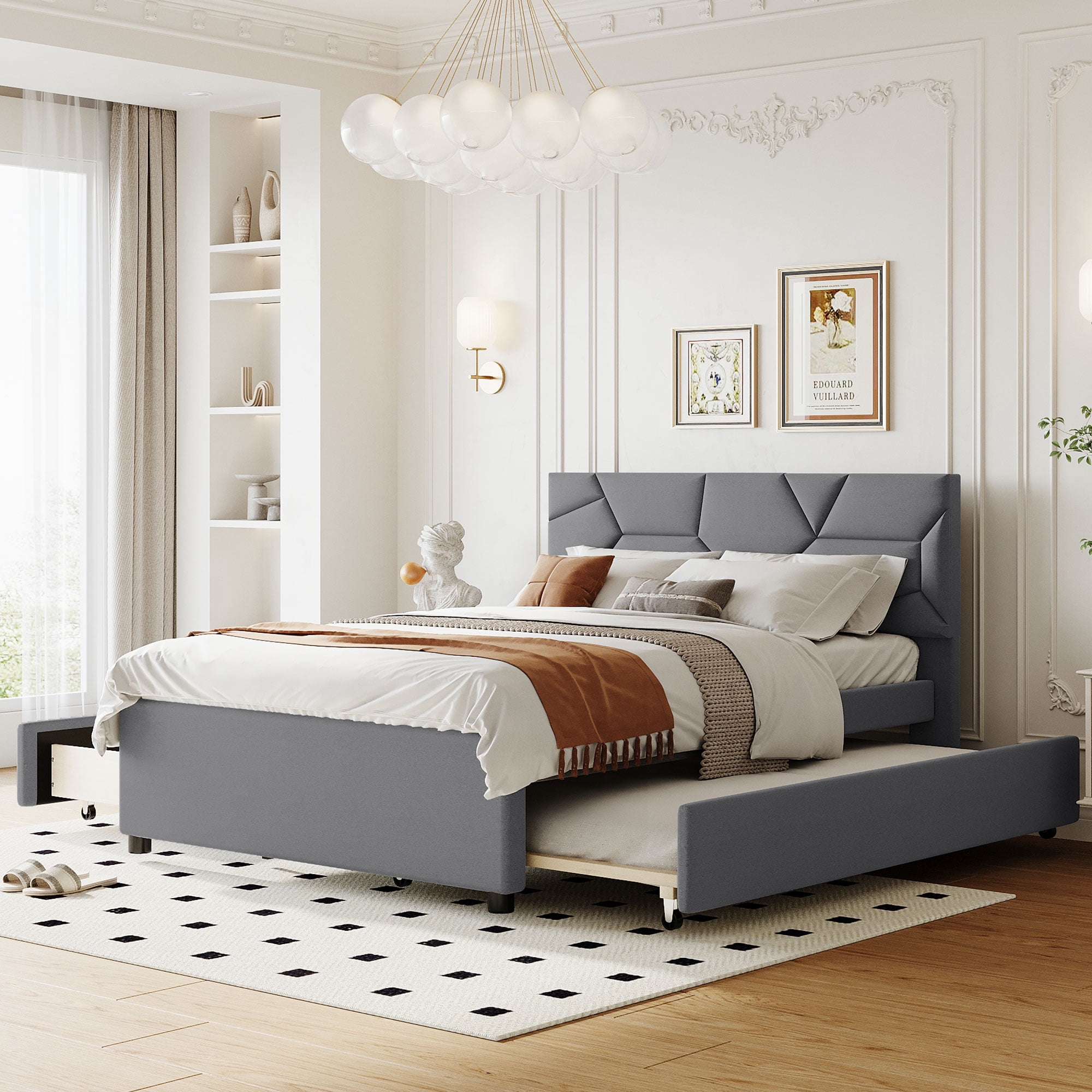 Bellemave Full Size Bed with Trundle and 2 Storage Drawers, Upholstered ...