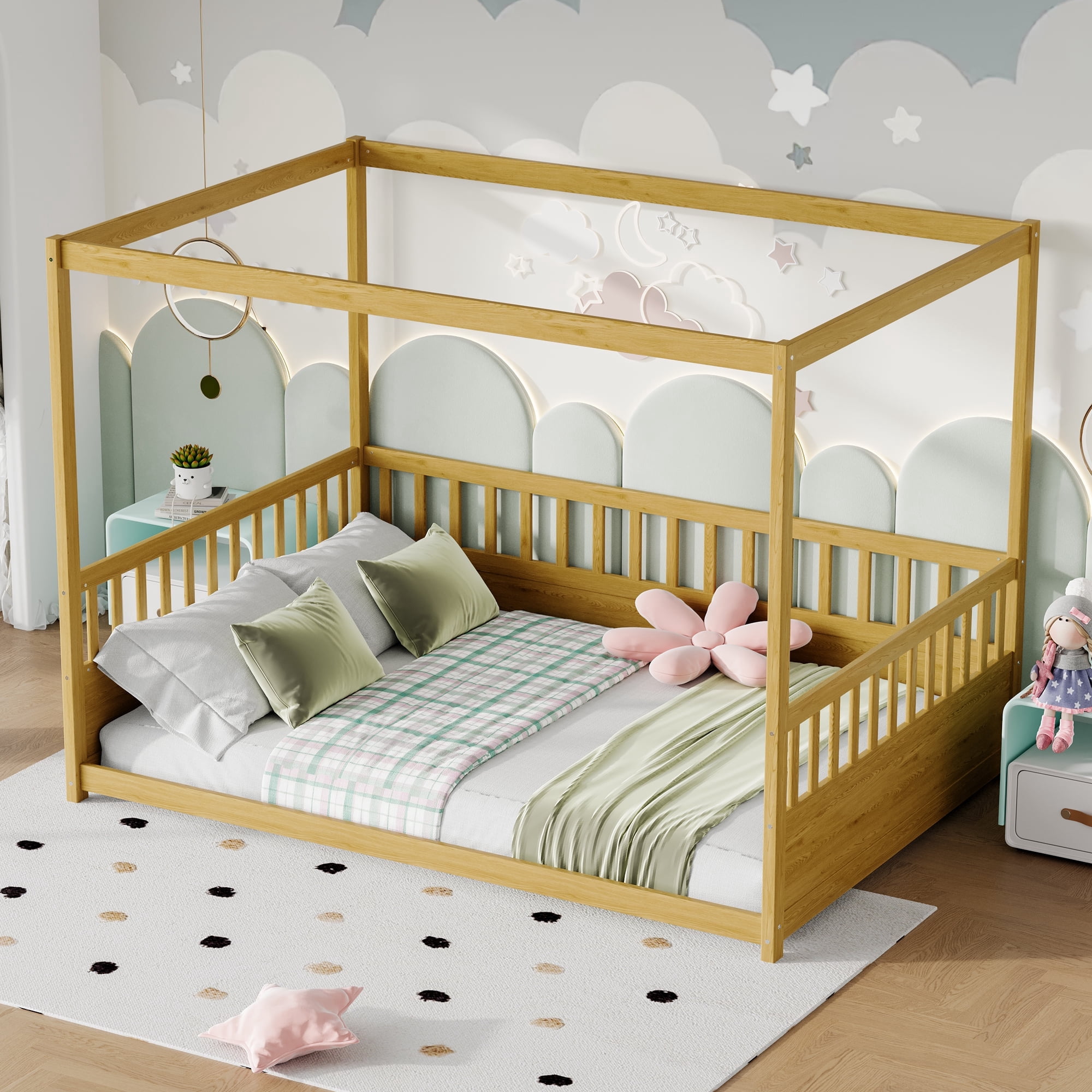 Bellemave Full Size Canopy Bed Frame with High Fence Guardrails Montessori Floor Bed Frame with Four Poster Design Wooden Canopy Bed (Full, Natural)