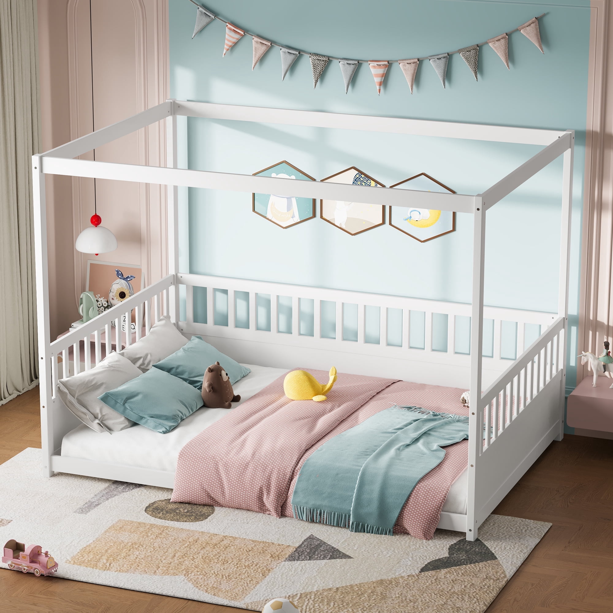 Bellemave Full Size Canopy Bed Frame with High Fence Guardrails Montessori Floor Bed Frame with Four Poster Design Wooden Canopy Bed (Full, White)