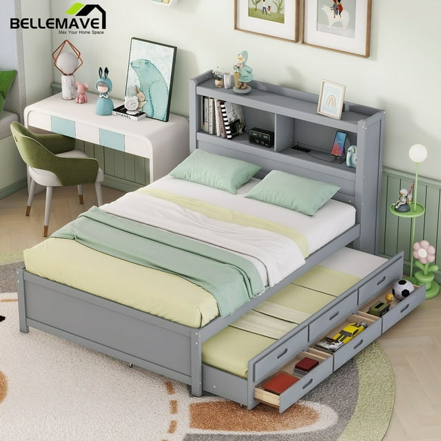 Bellemave Full Size Captain Bed with Storage Bookcase Headboard and USB ...