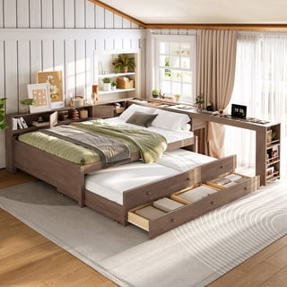 Bellemave Full Size Corner Bed Frame with Desk, Full Daybed with Trundle, Storage Drawers, Wood Daybed Frame with Bookcases, Side Shelves, Platform Bed Frame with Slats for Kids Teens Adults, Brown