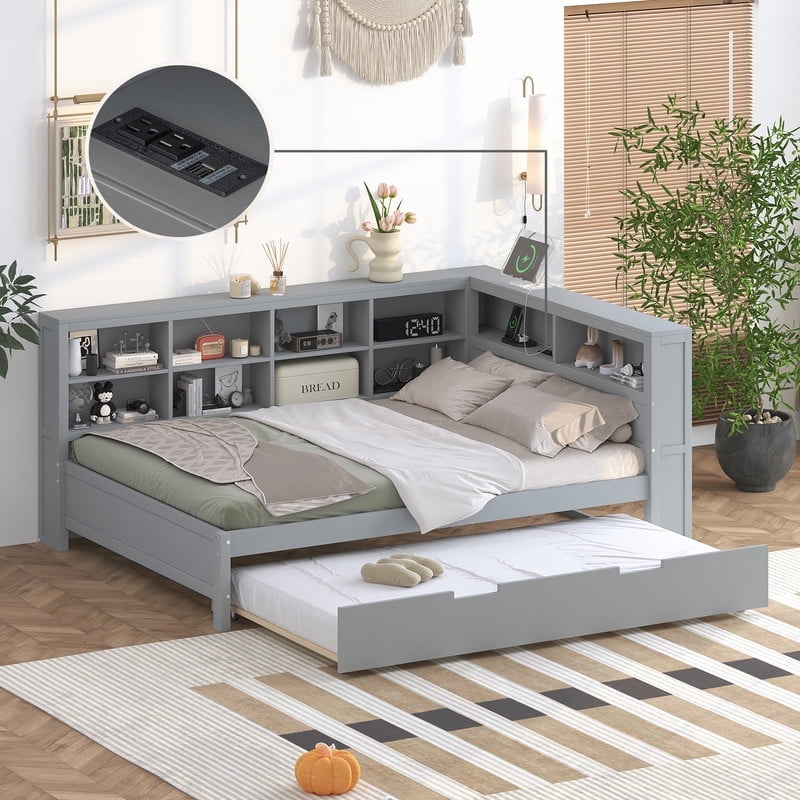 Bellemave Full Size Daybed with Bookcase and Trundle, L-Shape Daybed ...