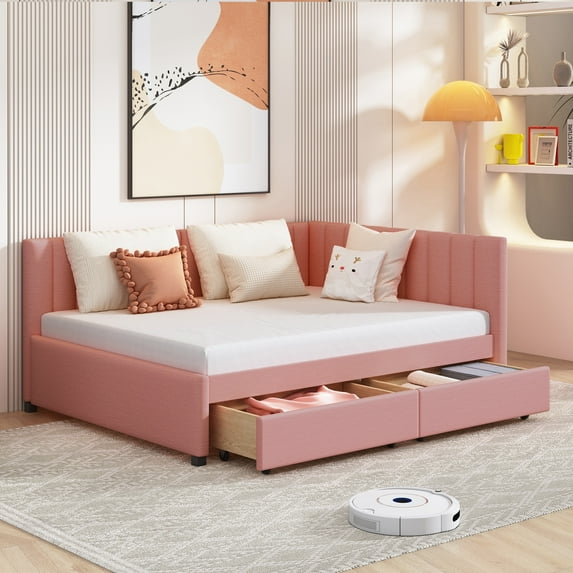 Bellemave Full Size Daybed with Storage, Linen Upholstered Daybed Platform Bed with 2 Drawers, Sofa Bed Full Size for Bedroom Guest Room Living Room(Pink)