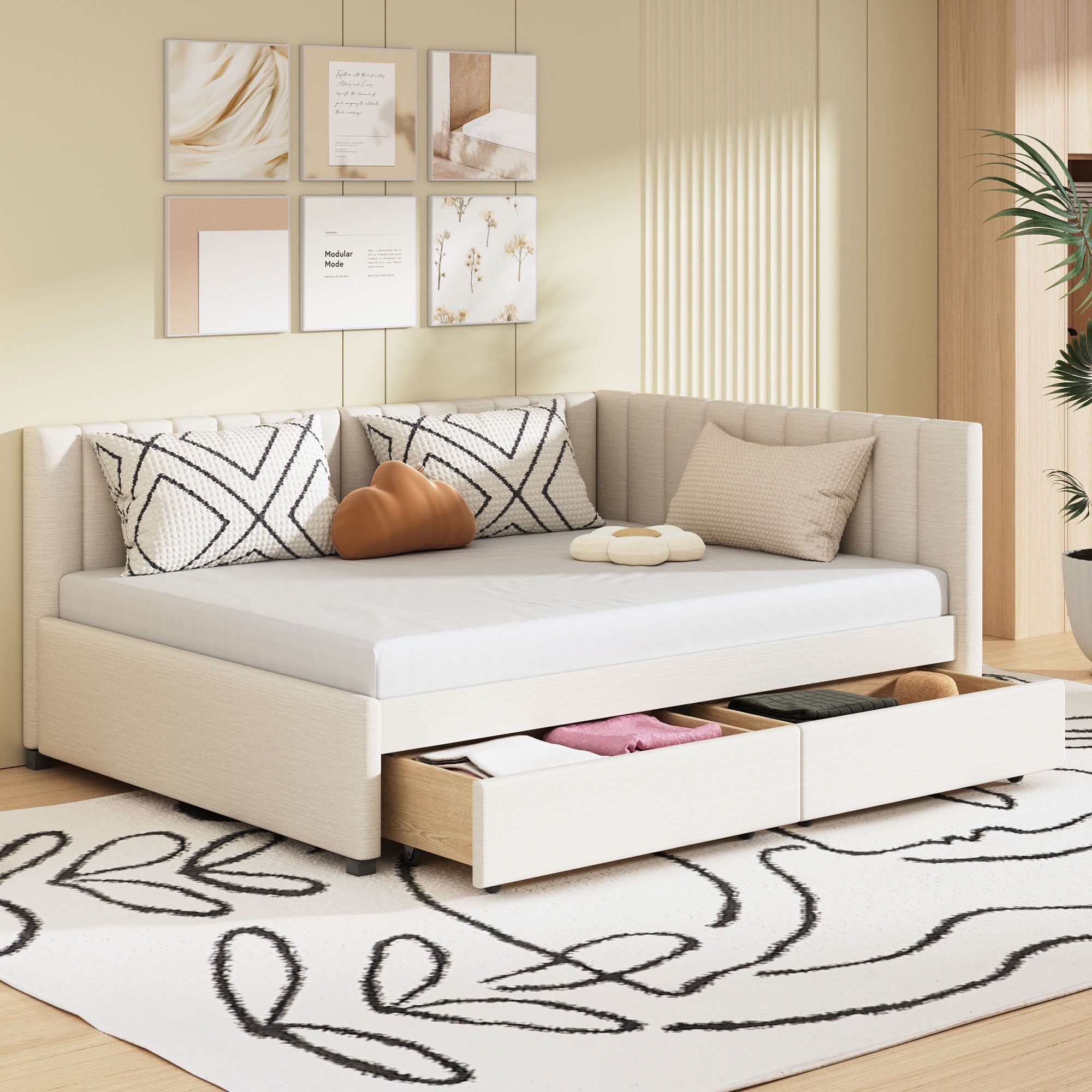 Bellemave Full Size Daybed with Storage, Linen Upholstered Daybed